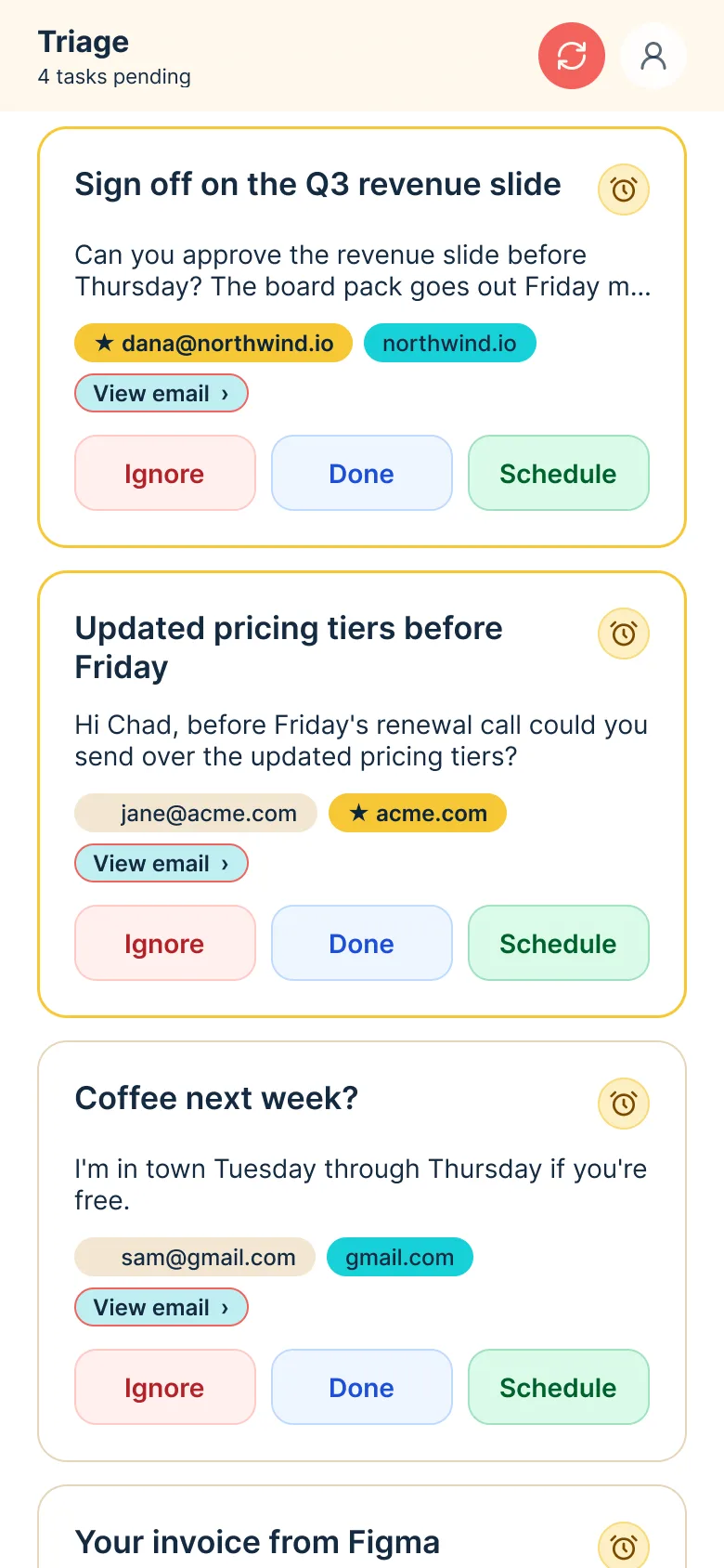 Triage on iPhone: emails as task cards with Ignore, Done and Schedule