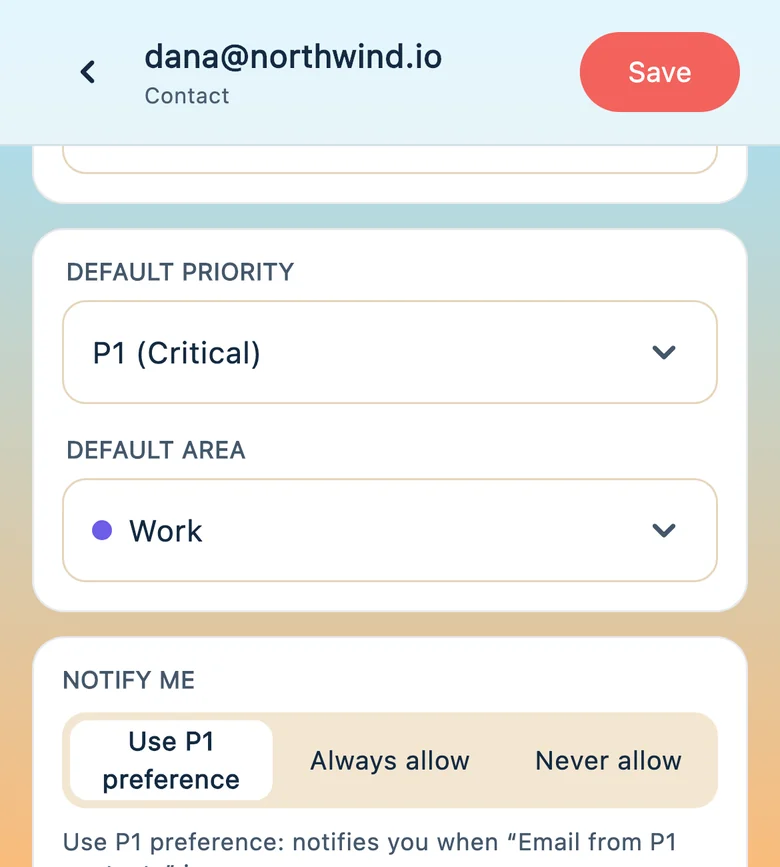 A contact’s settings: default priority, default area and notifications