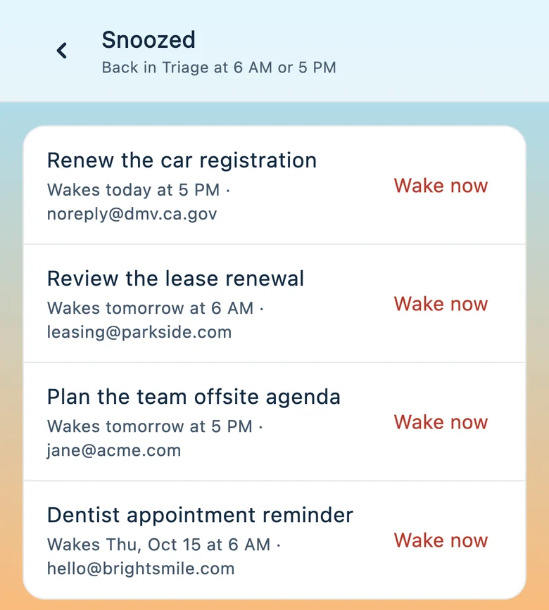 The Snoozed list, each task with when it wakes and Wake now